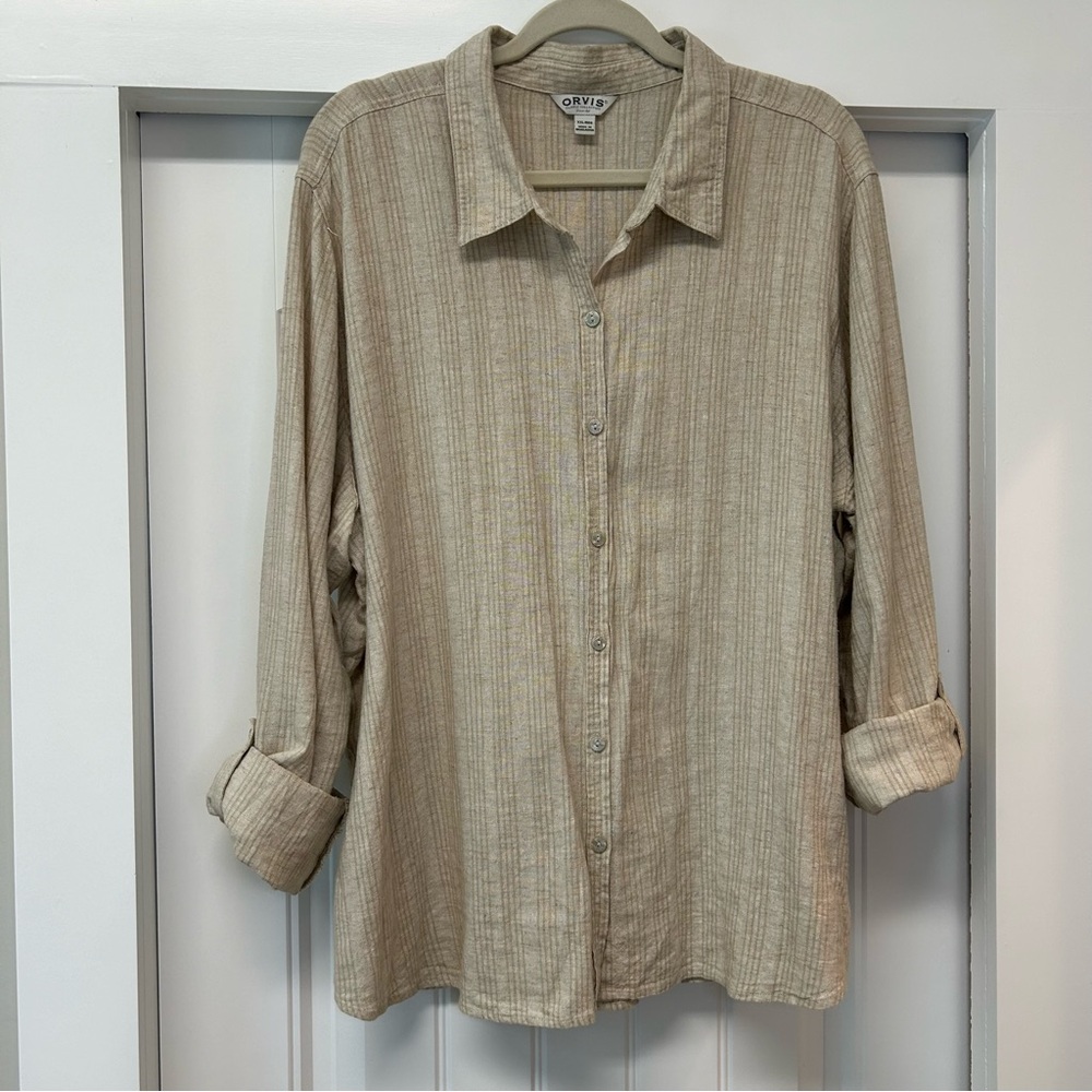 Orvis Linen Blend Striped Button Down Shirt Flax Colored Size XXL